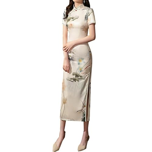 KATIAK Chinesische Vintage Kleider,Chinesisches Sommerkleid Lang Lotus Druck Kurzärmelig Seide Cheongsam Schmale Passform Qipao mit Seitenschlitz für Hochzeitsabend Siehe Abbildung XL von KATIAK