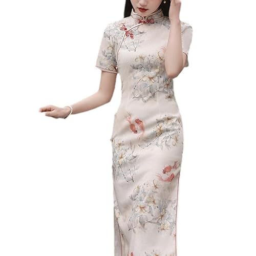 KATIAK Chinesische Vintage Kleider,Qipao Kleid Damen Langes Blumendruck Kurzarmkleid Slim Fit Sommerkleid Seitenschlitz Cheongsam für Hochzeitsabend S von KATIAK