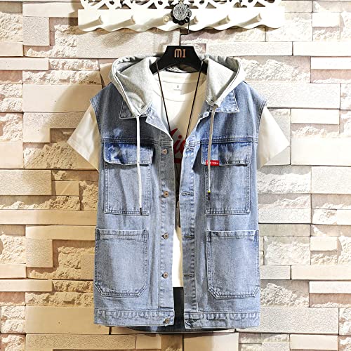 KATIAK Herren Denim Weste,Herren Vintage Jeans Weste Mit Kapuze,Blau Cowboy Revers Ärmellose Jeansweste Jacke Multi Pockets Weste Weste Cardigan Motorradmantel Oberbekleidung,L von KATIAK