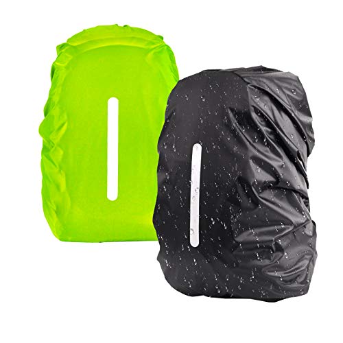 KATOOM 2er Regenhülle Rucksack Schulranzen Regenschutz wasserdichte Regenüberzug Ranzen Rucksackschutz für Outdoor Camping Wandern mit Reflektorstreifen Sicherheitshülle (schwatz+grün, M 30L-45L) von KATOOM