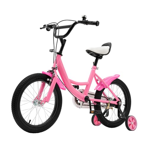 KAUITOPU 16 Zoll Fahrrad, Kinderfahrrad mit Abnehmbare Stützrädern Schutzbleche Höhenverstellbar für Junge Mädchen Alter 5–8 Jahre (Rosa) von KAUITOPU