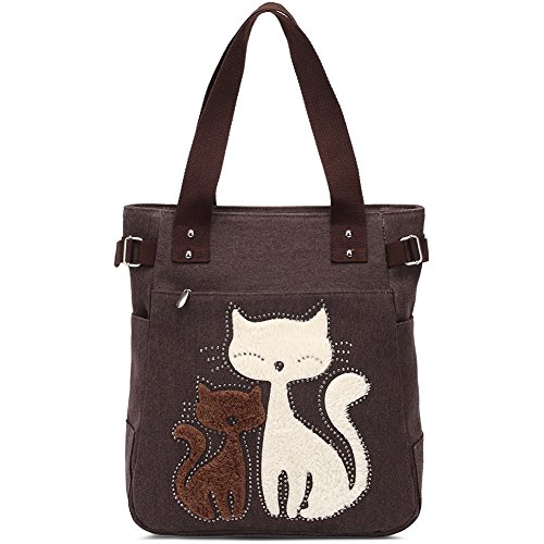 KAUKKO Canvas Handtaschen Niedliche Katzen Shopper Schultertasche Frauen Ideal Geschenk für Mädchen, Damen, Katzen Liebhaber, Kaffee-93 von KAUKKO