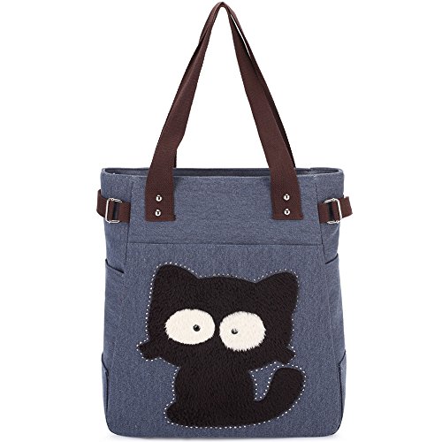 KAUKKO Canvas Handtaschen Niedliche Katzen Shopper Schultertasche Frauen Ideal Geschenk für Mädchen, Damen, Katzen Liebhaber,Blau-94 von KAUKKO