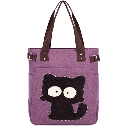 KAUKKO Canvas Handtaschen Niedliche Katzen Shopper Schultertasche Frauen Ideal Geschenk für Mädchen, Damen, Katzen Liebhaber,Lila-94 von KAUKKO
