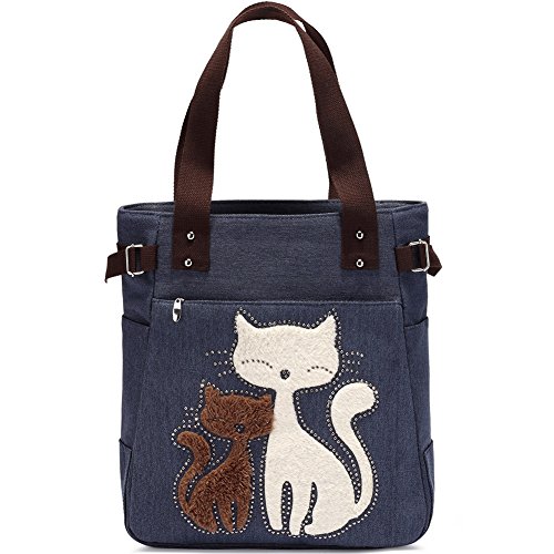 KAUKKO Canvas Handtaschen Niedliche Katzen Shopper Schultertasche Frauen Mädchen, Damen, Katzen Liebhaber, Blau-93 von KAUKKO