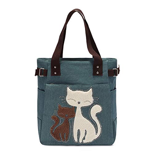 KAUKKO Canvas Handtaschen Niedliche Katzen Shopper Schultertasche Frauen Mädchen, Damen, Katzen Liebhaber, Grün-93 von KAUKKO