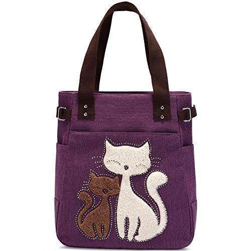 KAUKKO Canvas Handtaschen Niedliche Katzen Shopper Schultertasche Frauen Mädchen, Damen, Katzen Liebhaber, Lila-93 von KAUKKO