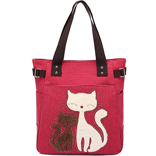 KAUKKO Canvas Handtaschen Niedliche Katzen Shopper Schultertasche Frauen Mädchen, Damen, Katzen Liebhaber, Rot-93 von KAUKKO