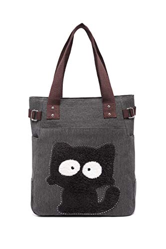 KAUKKO Frauen Leinwand Handtasche Umhängetasche Katze Große Tragetasche, Schwarz-1, Casual von KAUKKO