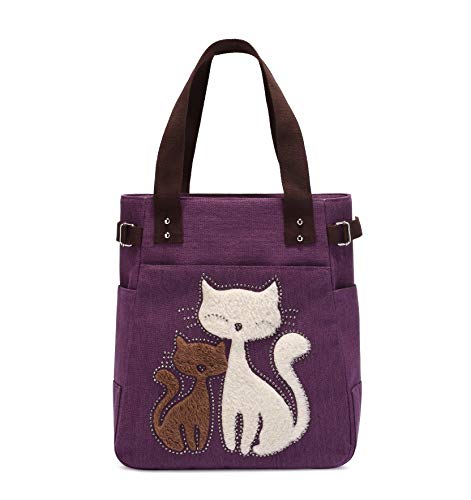 KAUKKO Frauen Leinwand Handtasche Umhängetasche Katze Große Tragetasche, Violett 1, Casual von KAUKKO