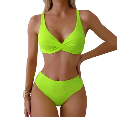 KCYSLY Badeanzug Damen Bikini Sets Badeanzug Frauen Zweiteilige Anzüge Badebekleidung Solid Color Deep V-Ausschnitt Badeanzug-Gelb-L von KCYSLY