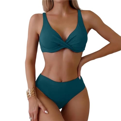 KCYSLY Badeanzug Damen Bikini Sets Badeanzug Frauen Zweiteilige Anzüge Badebekleidung Solid Color Deep V-Ausschnitt Badeanzug-Grün-L von KCYSLY