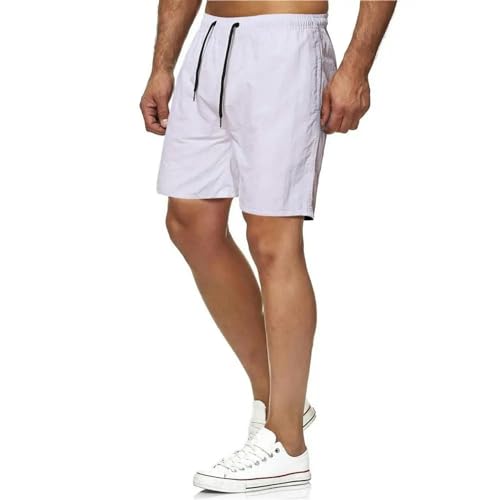 KCYSLY Shorts Herren Männer Board Shorts Quick Dry Einfarbige Baumwolle Kordelzug Taschen Strand Fitness Shorts-Weiss-l von KCYSLY