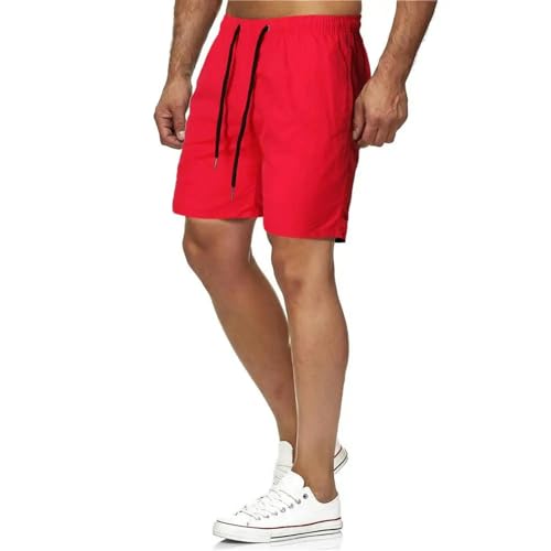 KCYSLY Shorts Herren Männer Board Shorts Quick Dry Einfarbige Baumwolle Kordelzug Taschen Strand Fitness Shorts-rot-m von KCYSLY