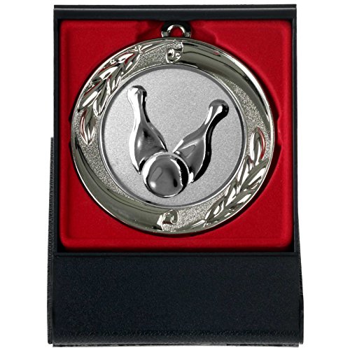 pokalspezialist Bowling Kegeln Medaille mit Etui zum Aufstellen Silber 70mm Metall von pokalspezialist