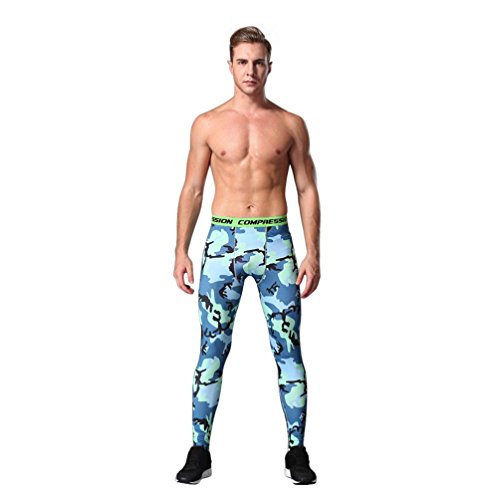 KEERADS Herren Sport Yoga Bunte Neon Muster Leggings Lange Compression Yoga Pants Hose (Blau, L) von KEERADS