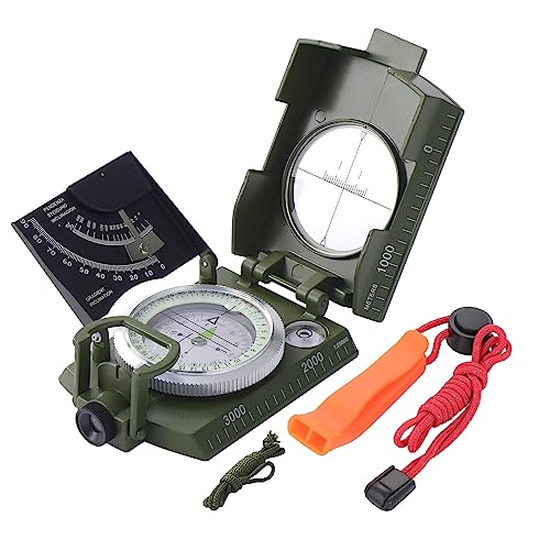 KEESIN Kompass,Wasserdichter stoßfester Militärkompass mit Neigungsmesser mit Aufbewahrungstasche,Gebrauchsanweisung,Überlebenspfeife zum Wandern Klettern Radfahren Geologie erforschen von KEESIN