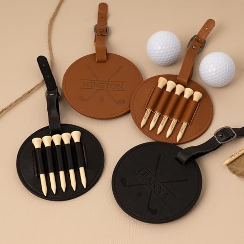 KEMEILA Benutzerdefinierte Leder Golftasche Tag Geschenk mit Golf-Tees, gravierte Golf-Tee-Halter mit Holz Golf Wert 2 Set, personalisierte Leder Geschenk für Golfer von KEMEILA