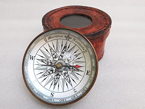 KHUMYAYAD Kompass aus Messing, für den Schreibtisch, Navigationskompass, Schiffskompass mit 75 mm Doom Glaslanze mit geprägtem Lederetui von KHUMYAYAD