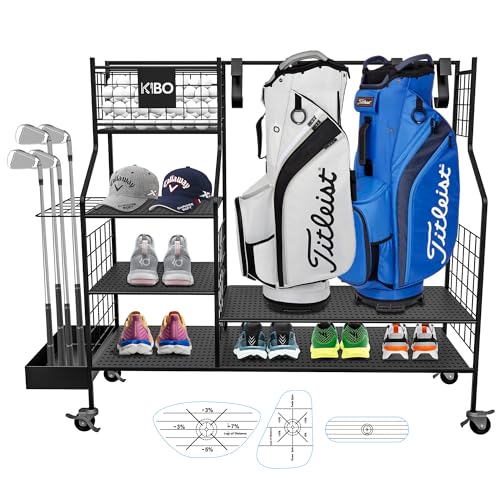 KIBO Golf Organizer - Golf Storage Rack Schwarz mit Rollen - Golfschläger und Tasche Aufbewahrung - Garagendisplay für Golfzubehör inklusive Golf Impact Aufkleber von KIBO