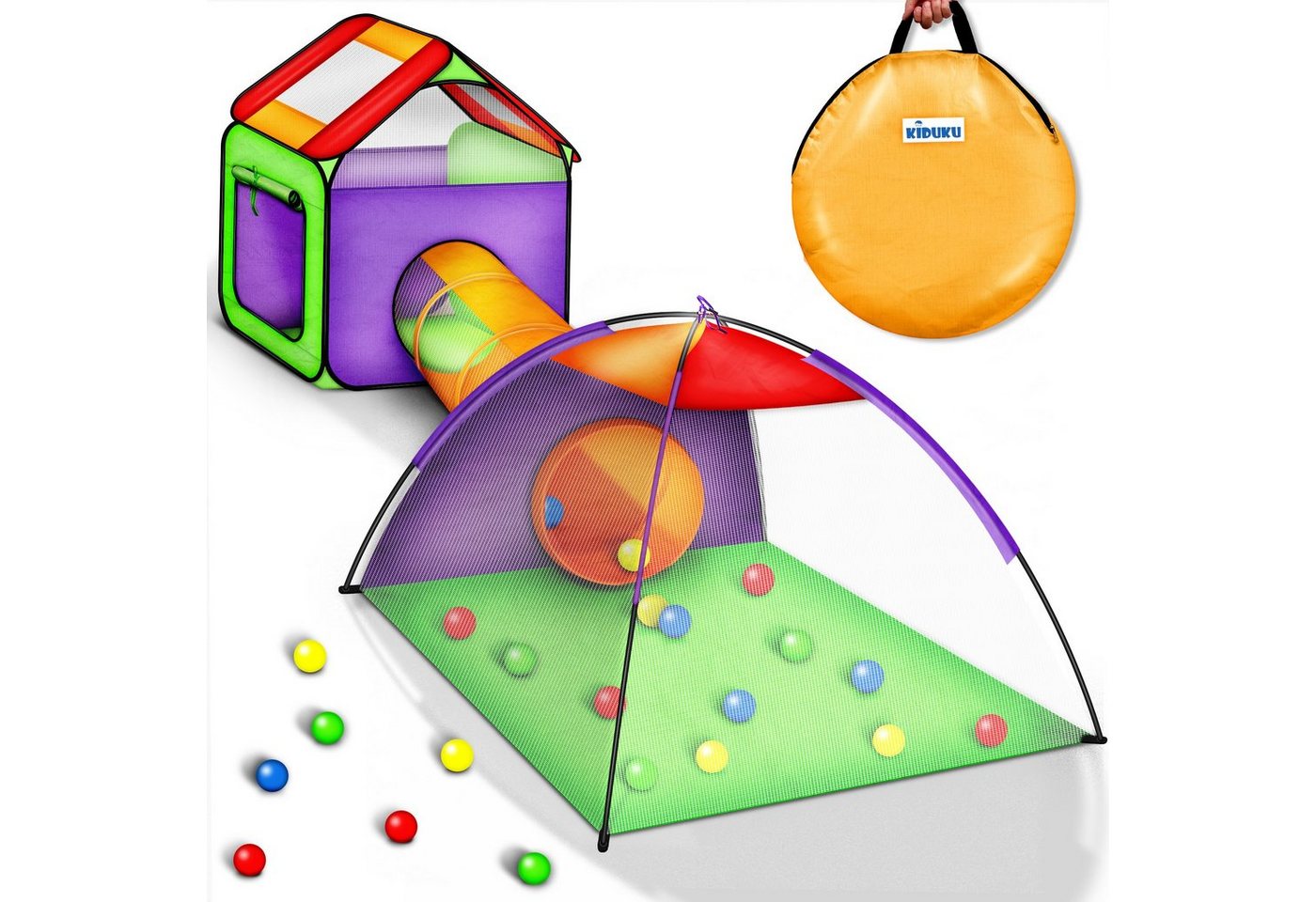 KIDUKU Spielzelt Kinderspielzelt Bällebad Pop Up + Krabbeltunnel + 200 Bälle + Tasche für drinnen und draußen von KIDUKU