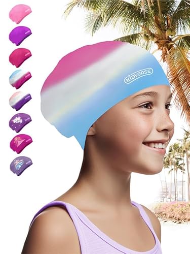 KIDVERSE Badekappe Kinder Lange Haare - Schwimmhaube Kinder mit Anti-Rutsch-Noppen - Badekappen für Schwimmer mit UV Schutz - Schwimmhaube Mädchen - Badehauben für Lange & voluminöse Haare von KIDVERSE
