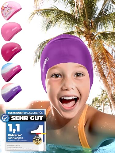 KIDVERSE Badekappe Mädchen - wasserdichte Badekappe Kinder mit Anti-Rutsch-Noppen für rutschfesten Halt - Badehaube Kinder - UV Schutz Schwimmhaube Kinder reißfest & elastisch - Schwimmkappe Kinder von KIDVERSE