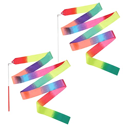 2 Stück Tanzbänder, 2m Tanzbänder Kinder Lange Dance Ribbons Gymnastik-Luftschlangen für Künstlerische Tanztrainingspartys für Kinder, Gymnastikband mit Stab (Mehrfarbig) von KINBOM