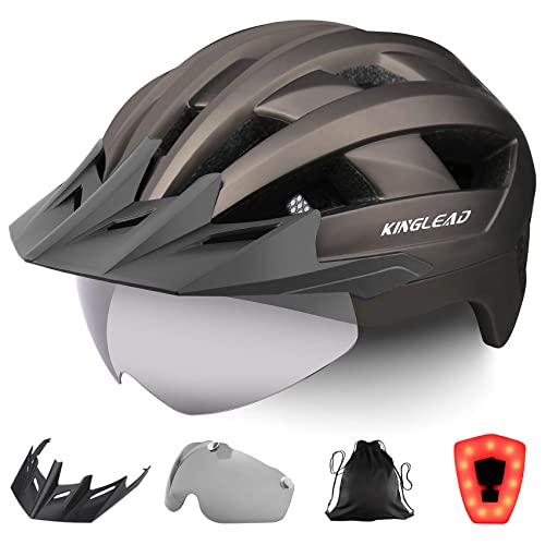 KINGLEAD Fahrradhelm für Erwachsene Herren Damen mit USB-aufladbare LED-Licht, magnetischer Goggle und Abnehmbarer Visier, Mountainbike Helm Radhelm Rennradhelm von KINGLEAD