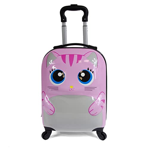 Koffer mit Rollen für Kinder | Gepäck mit Tiermotiven: Katze Rosa, Rosa, Hartschalenkoffer aus ABS und Polycarbonat von KINSTON