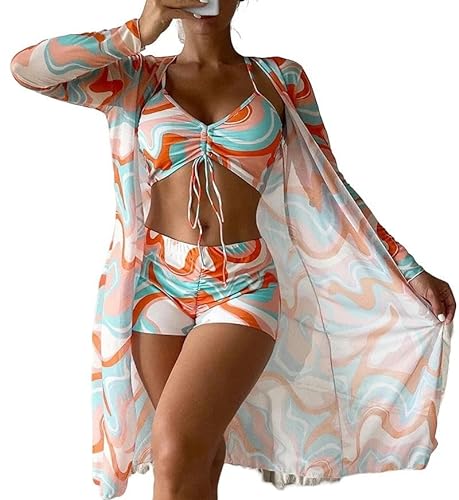 KINZE Damenbadeanzug Hoher Taille Draw String Bikini Set Langarmabdeckung Gedrucktes Strandverschleiß 3 -Teiliges Set-Stil 6-XL von KINZE