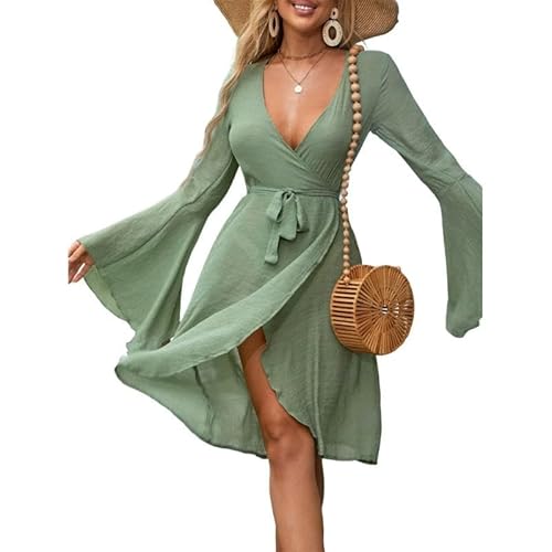 KINZE Strandkleid Damen Badeanzug Strickjacke Riemchen Bikini Deckbedeckung Beach Cover Up Bell Sleeve Resort Beach Kleid-Grün von KINZE