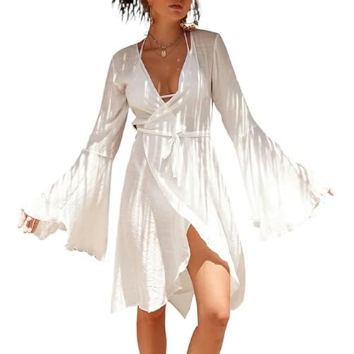 KINZE Strandkleid Damen Badeanzug Strickjacke Riemchen Bikini Deckbedeckung Beach Cover Up Bell Sleeve Resort Beach Kleid-Weiß von KINZE