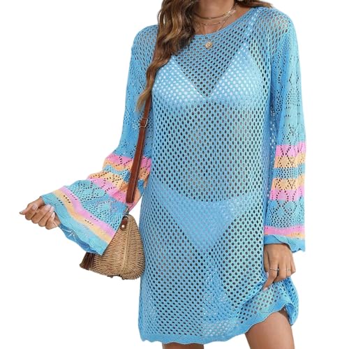KINZE Strandkleid Damenresort Deckung Kontrastfarbe Bikini Außenbadeanzug Sommer Badeanzug Vertuschung-Blau von KINZE