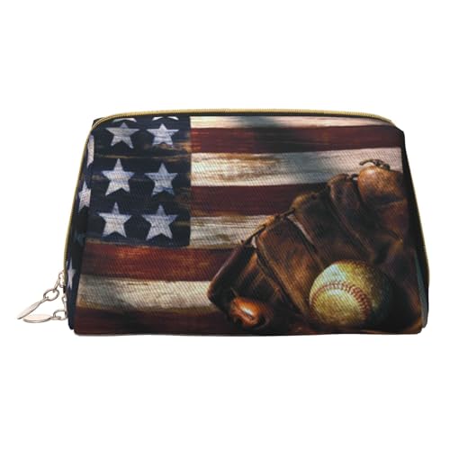 Kosmetiktasche aus Leder mit Gänseblümchen-Motiv, tragbar, für Damen/Herren, Weiß / Blau, Amerikanische Flagge Baseball, Einheitsgröße von KIROJA