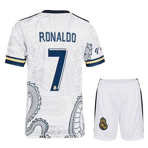 KISRAS R. Madrid Ronaldo #7 Weiß Dragon Heim Retro Limitierte Sonderedition Seltenes Fußball Kinder Trikot Shorts Set Jugendgrößen (Weiß,140) von KISRAS