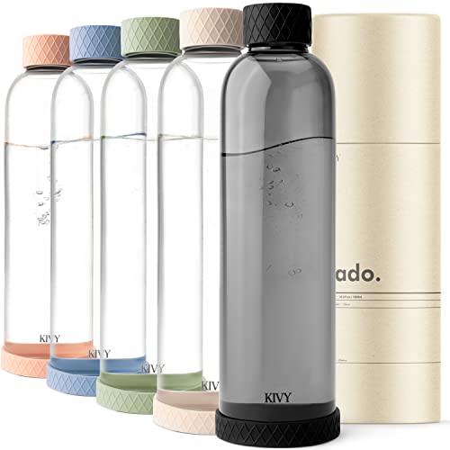 KIVY Glasflasche 1 Liter mit Silikonschutz [Äußerst Bruchsicher] Trinkflasche Glas 1l Kohlensäure geeignet - Wasserflasche Glas 1l - Glastrinkflasche - Glas Trinkflasche 1l - Trinkflasche Schwarz von KIVY