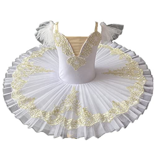 KJCQGQTZ Mädchen Ballettrock Camisole-Trikots Tutu-Kleid Gold Bestickt Schwanensee Tanzen Ballettkleid Prinzessin Tanzkleidung Ballerina Leistung Kostüm,Weiß,120 von KJCQGQTZ