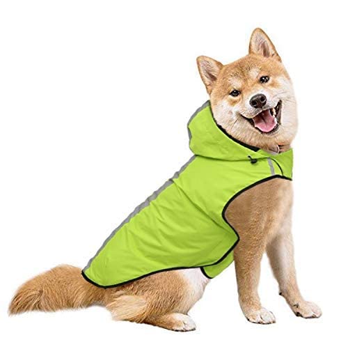 KKXXYQFC Hunde-Regenmantel, verstellbare Kapuzen-Regenjacke für Hunde, Welpen-Overall, Regenponcho mit reflektierenden Streifen (grün, L, Brust 56,1) von KKXXYQFC