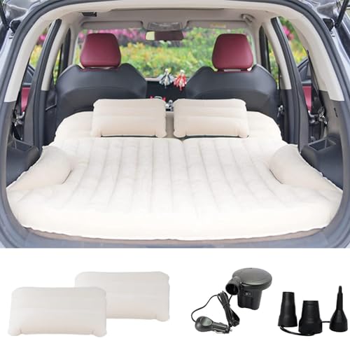 KMZ Auto Matratze, 2 Kissen Auto Luftmatratze, Doppelseitige Verdickte Beflockung Automatratze Camping Aufblasbaren Autobett für Kofferraum Rückbank (Beige und Kaffee) von KMZ