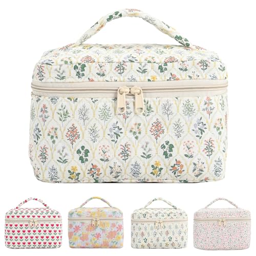 Reise Kosmetiktasche Coquette Make-up Tasche Gesteppte Kosmetiktasche aus Baumwolle Groß Kapazität Ästhetische Blumen Handtasche Kosmetiktasche mit Griff für Mädchen Damen von KOBONA