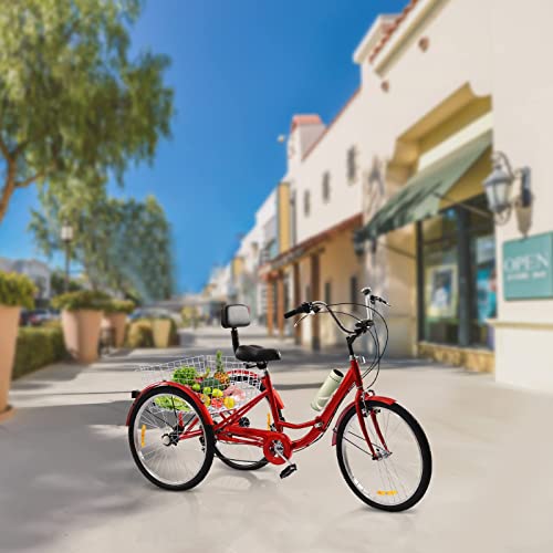 KOLHGNSE Dreirad für Erwachsene Klappbar, 24 Zoll 7 Gang Dreirad Erwachsene 3 Räder Adult Fahrrad mit LED Licht Gemüsekorb für Männer, Frauen und ältere Menschen (Rot) von KOLHGNSE
