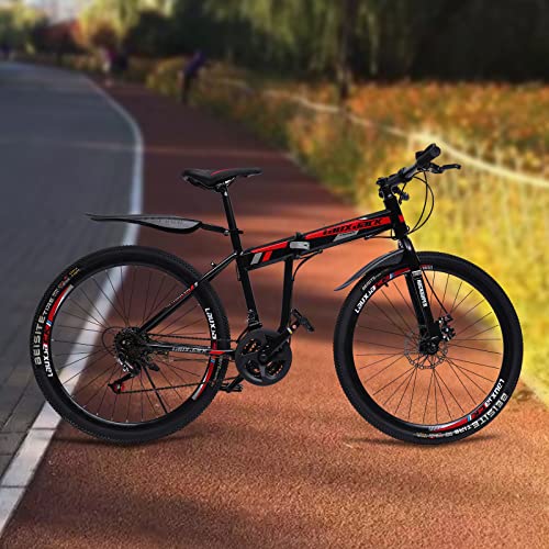 KOLHGNSE Klappfahrrad Mountainbike, 26 Zoll MTB Mountainbike Hochkohlenstoffstahl 21-Gang Scheibenbremsen Klapprad Citybike für Berg-, Stadt- und andere Fahrten (Schwarz＋Rot) von KOLHGNSE