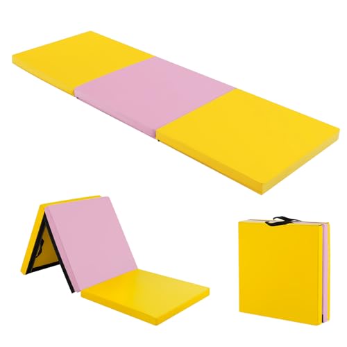 KOMFOTTEU Gymnastikmatte faltbar, Weichbodenmatte 180x60x5cm Fitnessmatte, Turnmatte dick mit Tragegurt, 3-Fach Yogamatte Sportmatte rutschfest für Yoga Fitness Training (gelb + rosa) von KOMFOTTEU