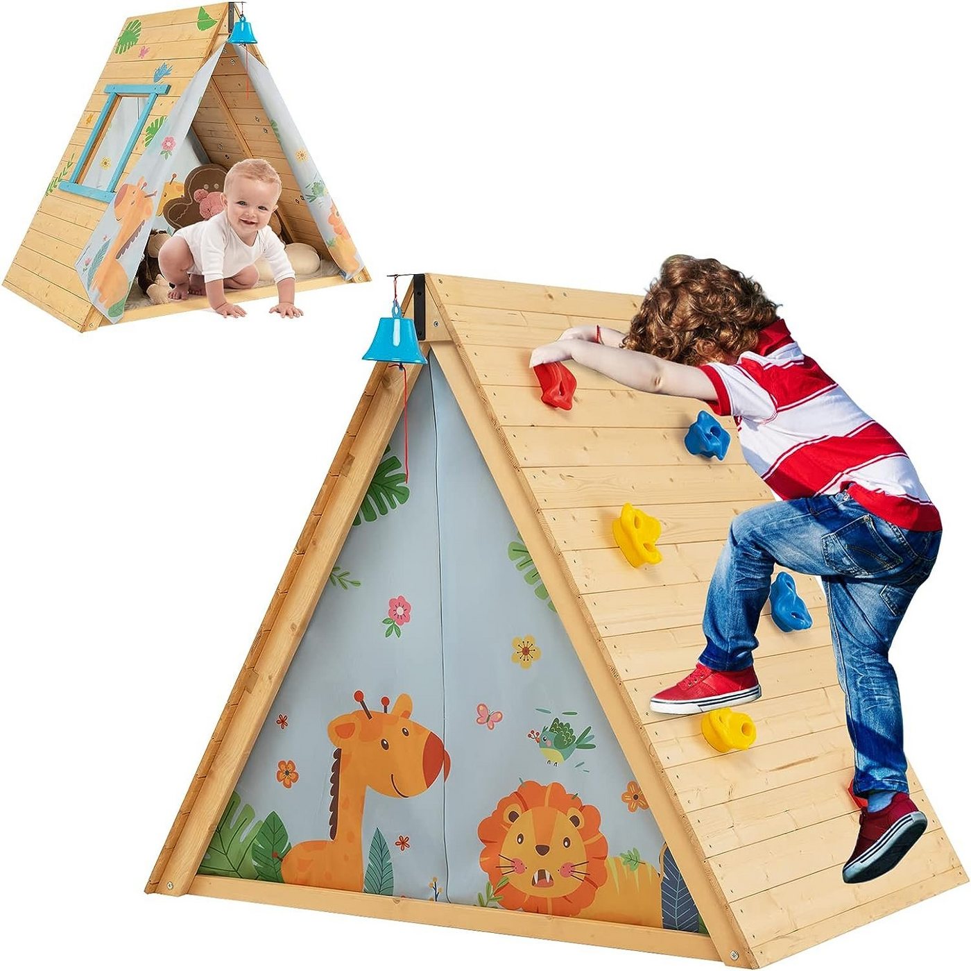 KOMFOTTEU Spielzelt Holzspielzelt 2 in 1 Kinderspielhaus & Kletterfelsen von KOMFOTTEU
