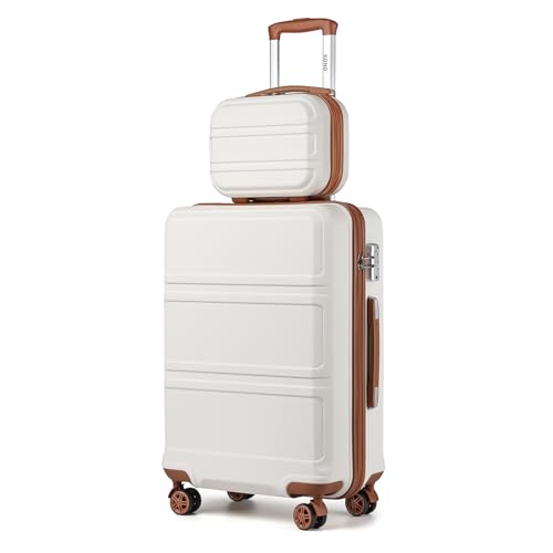 KONO 2er Kofferset ABS Hartschalen Hardcase Trolley TSA-Schloß 55cm Reisekoffer Boardcase + Handgepäck Kosmetikkoffer (55cm Handgepäck+Kosmetikkoffer, Creme Weiß) von KONO