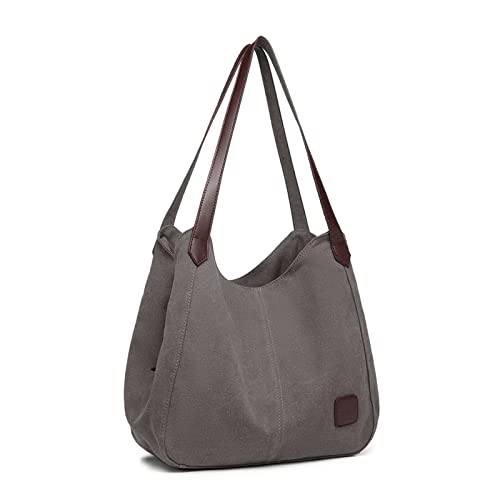 KONO Damen Canvas Schultertasche Vintage Hobo Handtasche Umhängentasche Shopper Tasche für Arbeit Schule Reise (Grey) von KONO