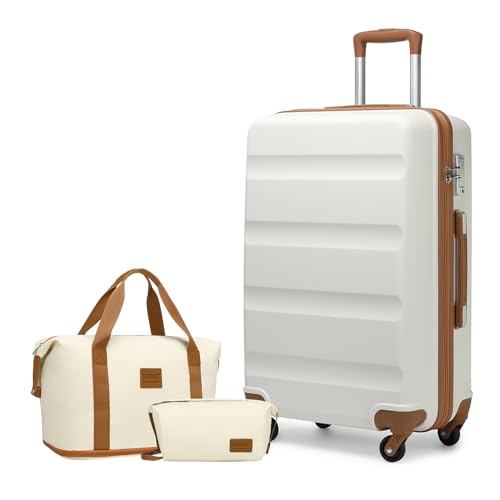 KONO Gepäck-Set Reise ABS Hartschale Kabinenkoffer mit TSA-Schloss und erweiterbarer Reisetasche & Kulturbeutel, cremeweiß, 24 Inch Luggage Set, modisch von KONO