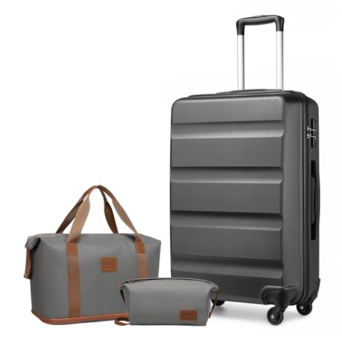 KONO Gepäck-Set Reise ABS Hartschale Kabinenkoffer mit TSA-Schloss und erweiterbarer Reisetasche & Kulturbeutel, grau, 24 Inch Luggage Set, modisch von KONO