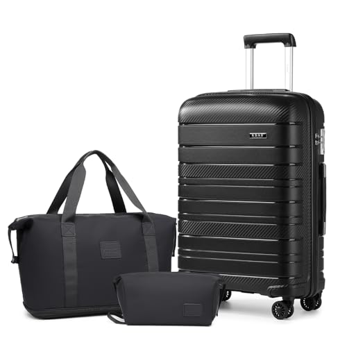 KONO Gepäck-Sets mit 4-teiligem Handgepäck mit Kosmetikkoffer, inklusive 1 Reisetasche und 1 Kulturbeutel, leichtes Polypropylen, 55 x 40 x 20 cm, Kabinenkoffer, Schwarz, 20'' Luggage Set, 2K2091L BK von KONO